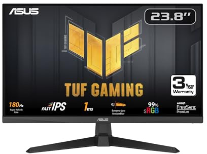 ASUS TUF Gaming Monitor de 24 Pulgadas (23.8 Pulgadas Visible) 1080P (VG249Q3A) - Full HD, 180Hz, 1ms, Fast IPS, Extreme Low Motion Blur, FreeSync Premium, Altavoces, DisplayPort, HDMI, Overdrive