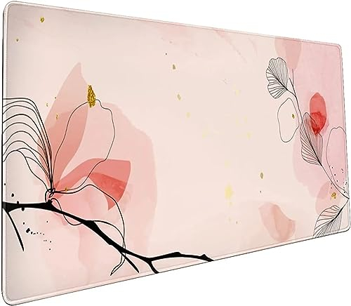 Gaming Mauspad Rosa Linie Floral, XXL Gaming Mauspads 47,2x23,6x0,12 Zoll Verlängertes Großes Mauspad Schreibtischauflage, rutschfeste Gummibasis Einfach Zu Reinigen für Gamer/Desktop/Büro/Zuhause