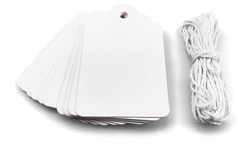 Netuno 12 x Anhänger aus Weißpapier mit Schnur Geschenkanhänger rechteckig Etiketten zum Beschriften für Hochzeit Geburtstag Weihnachten DIY Deko Vintage Handmade Tags
