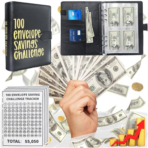 100 Envelopes Money Saving Challenge Binder & Budget Planner – Savings Book with Pre-Numbered Cash Envelopes, Trackers & Labels – Save $5,050 for Home, Office, School – Budget Binder Kit (Black)