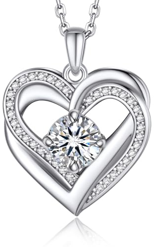 MomentWish Halskette Damen Doppelherz, 1 Karat Moissanite Kette Silber 925 mit Herz Anhänger Geschenk für Frauen Freundin (45+5cm)