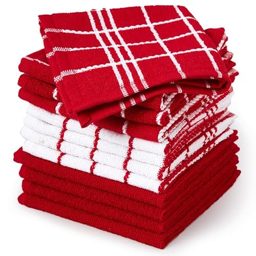 Encasa XO Geschirrtücher Frottee, Spüllappen Baumwolle 30x30 cm | Terry Red Saugfähig & Weich | Vielseitig zum Waschen & Reinigen | Langlebig, Pflegeleicht | 12er-Satz
