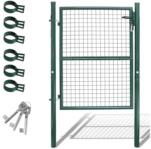 Fiqops Cancello da giardino, 125 x 100 cm, verde, in acciaio zincato, con maniglia e 3 chiavi, resistente alle intemperie, robusto e durevole