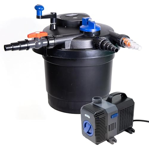 VIALIA Teichfilter Set komplett, Druckfilter CPF-10000 & Pumpe CTP-3800 | für Teiche bis 12.000L, mit 11W UVC Klärer & Rückspülfunktion, energiesparende 20W ECO Pumpe, inkl. 10m Schlauch