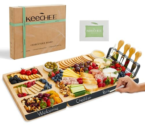 keechee Charcuterie Boards Set, Large Bamboo Cheese Board Set with Chalkboard Edge & Forks Set - Ideal for Housewarming Gift, Weddings, Bridal Showers, and Unique Gifts for Womem