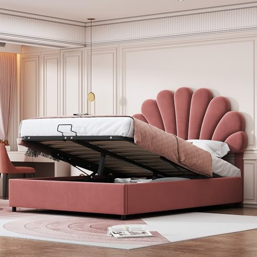 Dolamaní Jugendbett Mädchen Bett 140x200 cm, Höhenverstellbarem Kopfteil-geblümtem, Lattenrost Holz, hydraulischem Stauraum, Polsterbett Samt Doppeltbett, Rosa