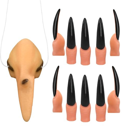 Halloween Hexennase + 10 Schwarze Fingernägel, Witch Accessories Weicher Latex Hexen Nase mit Elastischer Kordel Halloween Finger für Kinder Erwachsene Halloween Hexe Cosplay Party Anziehzubehör