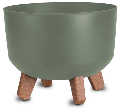 Spetebo Pot de fleurs rond en plastique sur pieds - Olive - Diamètre : 23 cm - Avec réservoir d'eau - Décoration de jardin