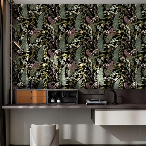 Selbstklebende Tapete Lila Grüne Blätter Strukturtapete Wandtattoo Schlafzimmer Tapete Selbstklebend Vliestapete Wallpaper for Living Room Tapeten Leicht zu Entfernen Wandschutzfolie 38.6x100.6cm