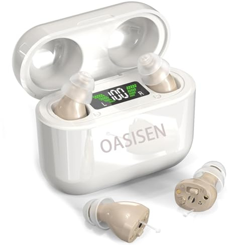 OASISEN New Generation of Personal Devices with Long-Lasting Charging Case,Digital Rechargeable Noise Cancelling Completely-In-Canal,Charging Case with LED Power,Easy Control (Beige)