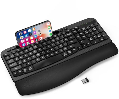 Ergonomic Wireless Keyboard with Cushioned Wrist Rest, Wave Keys, Phone Holder, Comfortable Natural Typing, 2.4GHz Full Size Cordless USB Computer Keyboard for Windows, Mac OS, Laptop, PC (Black)