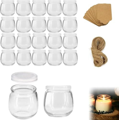 Hbazzor 200 ml Durchsichtige Joghurtgläser mit Deckel (20 Stück),Dessertgläser Mit Deckel,mit Seil und Anhänger,Für Marmelade, Honig, Desserts, Kerzen, Spülmaschinen-,Gefrierschrank- &Mikrowellenfest