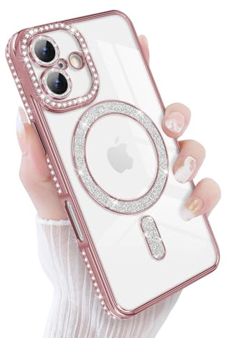 Newseego Custodia Magnetica Glitterata per iPhone 16 [Compatibile con Magsafe], Fotocamera Protettore Antiurto Diamanti Bling Morbido TPU Cover Ragazze Donne per iPhone 16-Rosa