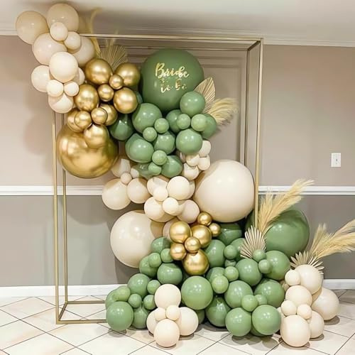 Sage Green Gold Balloon Arch Kit,117Pcs Sage Green Balloons Arch Garland Kit with Sand White Gold Balloons for Baby Shower,Birthday Party Decoration,Jungle Safari Party Decoration,Wedding