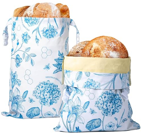 Yolysudo Paquete de 2 bolsas grandes de cera de abeja para masa madre y pan casero, bolsas de almacenamiento de alimentos de algodón reutilizables para mantener fresco, bolsas sostenibles para