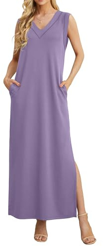 GRECERELLE Womens Dresses Summer Maxi Long Dress with Pockets V Neck Casual Dress for Women Elegant Ladies Holiday Sleeveless Split Hem (Lilac, XL)