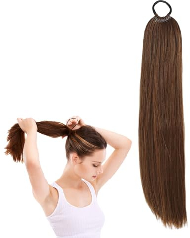 Künstlich Echthaar Zopf, Zopf Extension für Damen, Ponytail Extension Echthaar 60 Zentimeter Lang, Lang Glattes Pferdeschwanz Haarteil, Für Täglichen Gebrauch Und Spezielle Anlässe(Braun)