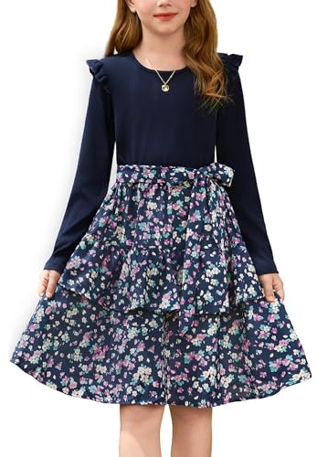 GRACE KARIN Mädchen Blumenkleid Langarm Festkleid Hochzeit Geburtstagskleid Marineblau mit Lila Blume 6 Jahre