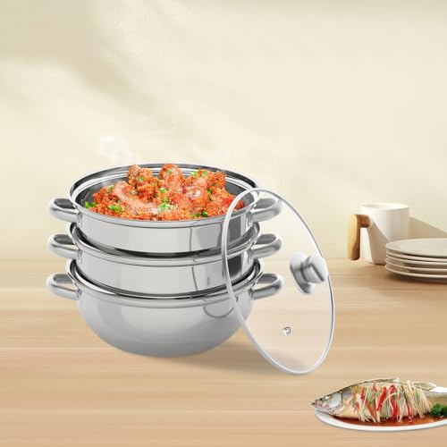 meiliwmlo 3 Tier Stainless Steel Steamer Large Food Steam Cooker Cooking Steam Pot Stackable Steamer Mit Transparent Pot Lid Dishwasher Safe For Induction Cookers Electric Furnaces Or Gas Stoves Etc