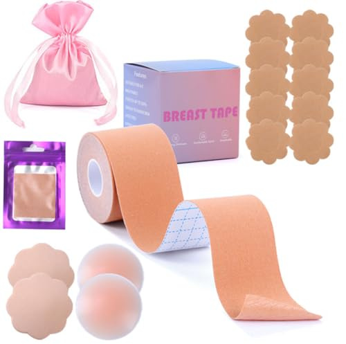 Premium Boob Tape Brust Tape Set- Klebe BH Unsichtbar Push Up für Große Brust (A-G Körbchen), 12 Blumengestalt Nippelpads, 2 Wiederverwendbare Silikon Brustblüten & Testpflaster, Ideal für Hochzeiten,