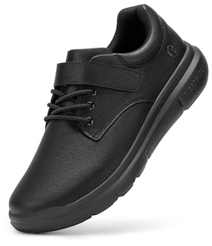 FitVille Diabetic Shoes for Men Wide Width, Leather Oxford Dress Shoes Extra Wide Walking Shoes Hook and Loop Orthopedic Sneakers for Edema and Swollen Feet Jet Black
