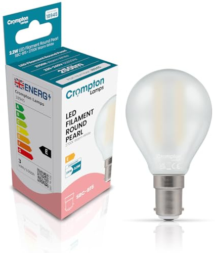 Crompton Lamps Filament Golfball LED Light Bulb SBC-B15d | 2.2W = 25W Equivalent | Warm White 2700K | Energy Efficient | Small Bayonet Lightbulb | Long Life 15,000-Hrs | Pearl Glass | Dimmable