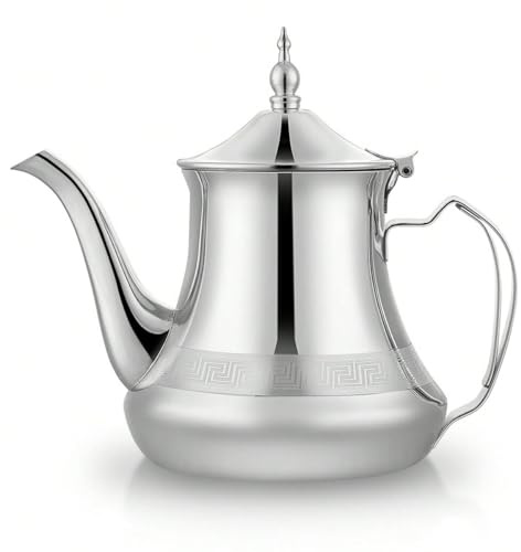 Tetera marroquí de 1,4 l, estilo árabe, acero inoxidable, estilo marroquí, tradicional, estilo religioso, color plateado