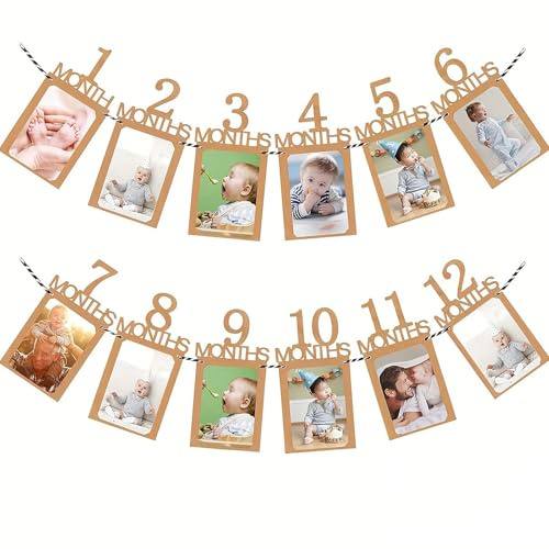Fotogirlande Geburtstagsdeko, 1 Jahr Girlande, 1-12 Monate Fotokarten Girlande, Kraftpapier Wanddekoration in Braun, Monatliche Meilenstein Bilderrahmen für Babyparty