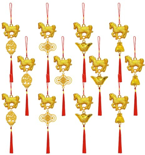 Ngbbby Décorations du Nouvel an Chinois, 12 pièces 2026 Cheval Feng Shui Porte-Bonheur avec Pompons Rouges, Pendentif Porte-Bonheur décoratif à Suspendre, Ornements à Pompons