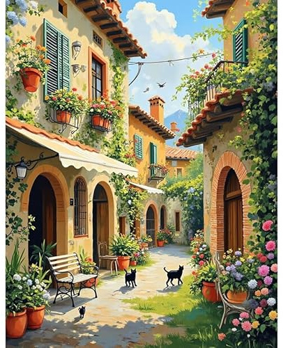 Paint by Number Kit for Adults, European Decor Fans, DIY Acrylic Painting Set with Brushes & Paints, Italian Village Street with Cats & Flowers Art for Home Entryway Wall Decor, 16x20inch Unframed