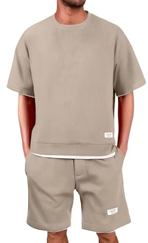 Generico Tuta Uomo Estiva Waffle Completo Estivo Uomo T Shirt Maniche Corte Pantaloncini Tinta Unita 2 Pezzi Tuta (Khaki, M)
