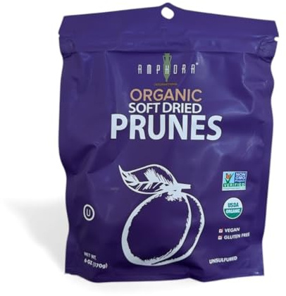 Amphora All Natural Organic Soft Dried Plums gluten free vegan kosher healthy snack prunes dried fruit, 6 Oz Each (Single Pack)