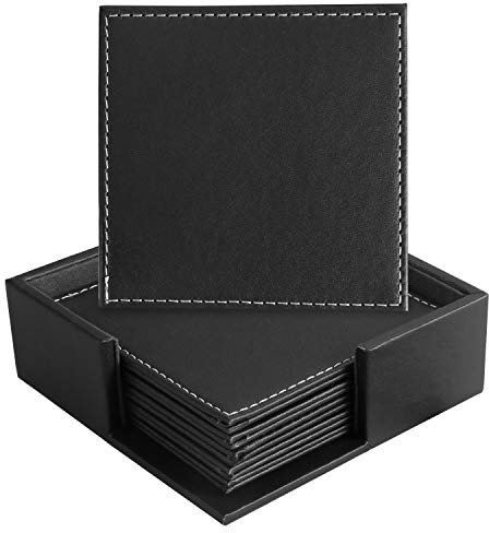 Leather Coasters for Drinks with Holder Set of 6,Coffee Mats Protect Furniture from Hot or Cold Water Marks & Damage, PU Leather Drink Coasters Suitable for Kinds of Mugs and Cups