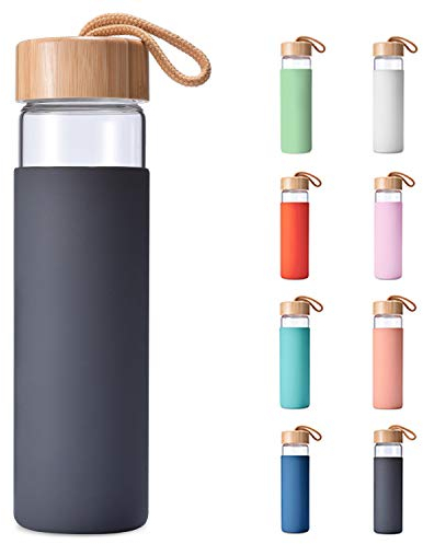 Yomious 20 Oz Borosilicate Glass Water Bottles with Silicone Sleeve BPA Free, Dishwasher Safe - Reusable Clear Glass Drinking with Leak Proof Bamboo Lid | Perfect Gym Water Bottles for Men & Women