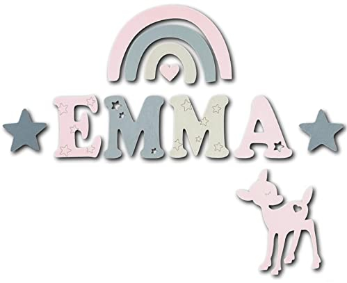 Personalisierte Holzbuchstaben Kinderzimmer 7cm – Namensschild Tür & Wand – Babyzimmer Name aus Holz – Geschenk zur Geburt Taufe Geburtstag Weihnachten – Kinder Deko Buchstaben (Muster EMMA 7cm)