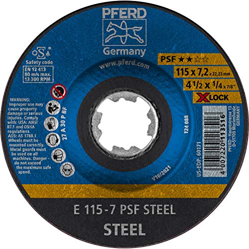 PFERD Schruppscheibe, 10 Stück, 115 x 7,2mm, X-LOCK (22,23 mm), PSF STEEL, 62011115 - für schnelle und komfortable Werkzeugwechsel
