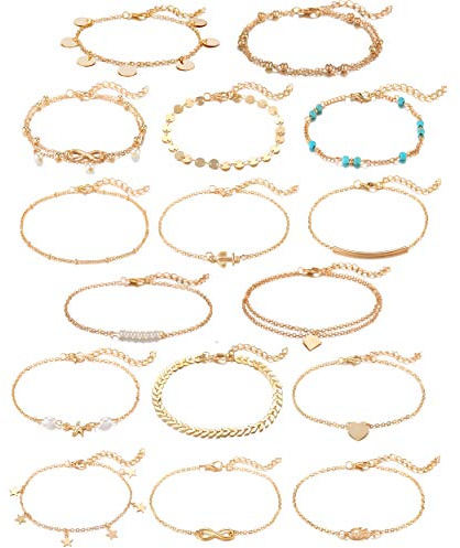 Softones 16Pcs Ankle Bracelets for Women Gold Silver Two Style Chain Beach Anklet Bracelet Jewelry Anklet Set,Adjustable Size
