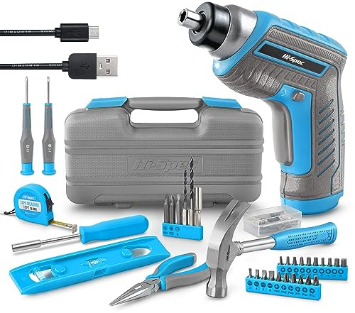 Hi-Spec 3.6V USB Power Screwdriver & Compact Tool Kit with Carry Case, Blue | Faster screwdriving, less hand strain, tidy organisation, 35pc included, LED assisted work, assembly and repairs, fast setup