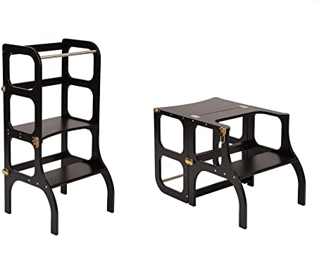 Klappbarer Lernturm mit Sitzfunktion, 45 cm Stehhöhe, Step’n’Sit, Lernturm mit Sitz und Tisch umklappbar, Birkenholz, UV-Lackiert, Schwarz mit Gold Beschlägen