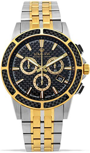 LOUIS XVI Herren-Armbanduhr Majesté Stahlband Silber Bicolor Gold Schwarz Karbon Chronograph Analog Quarz Edelstahl 1104