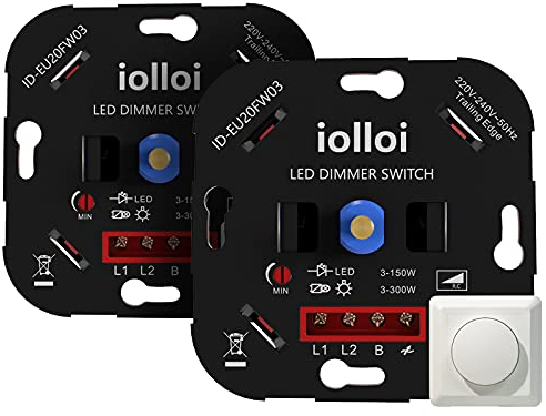 iolloi LED Dimmer Schalter, Drehdimmer Unterputz Dimmschalter für Dimmbare LEDs 3–150W / Halogen 3–300W, Dimmer für LED Lampen, 230V (2er-Pack)