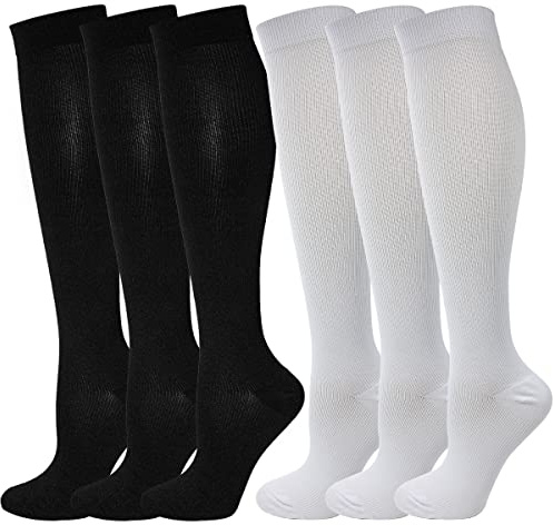 Kuzimua 6 Paia di Calze a Compressione Graduata per Uomo E Donna, per Sport, Running, Corsa, Escursioni, Ciclismo, Giri in Bici, Sportive, Gravidanza, Viaggi in Aereo (L, 3x Nero+ 3x Bianco)
