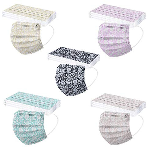 50 Pièces Adulte pour Masque Tissu Non-tissé 3 Plis Protection Faciale Jetable Respirant Doux Antipoussière Plein Air Femmes et Hommes Impression Bandeaux Tissu Multifonctionnel Écharpes (A-3)