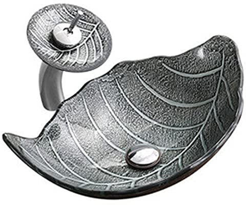 XYEJL Vessel Sink Colored - ​Leaf Shape Countertop Basin, Tempered Glass Wash Basin, Bathroom Basin Sink with 360° Faucet & Pop Up Drain,D