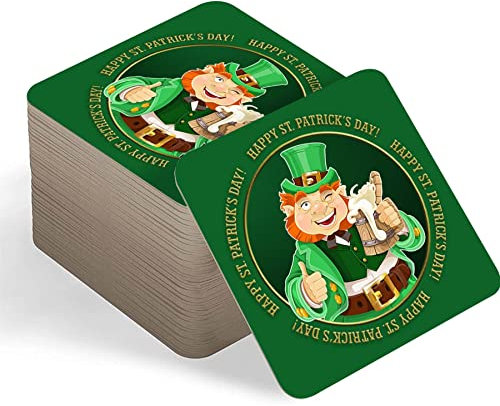 Beer Mats - St Patrick's Day Decorations - Bar Table Coasters - Paddy's Day Accessories - Party Packs of 24, 48, 96 - Square Cardboard Drink Mats for Home Bars Pubs - Leprechaun - 96