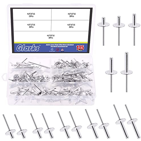 Glarks Set di 135 rivetti ciechi con flangia grande, 1/2 '' / 5/8 '' / 3/4'' / 1'' / 1 '' / 1 '' / 1 '' / 1 '' / 5 Szie Pop rivetti in alluminio