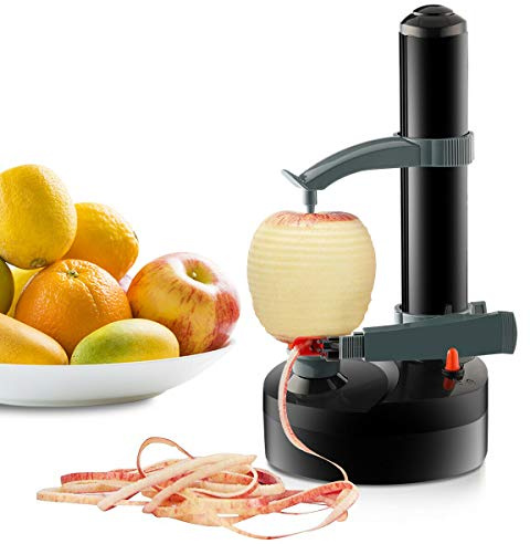 Elektrisk skalare automatisk roterande äppelskalare potatisskalningsmaskin automatisk frukt grönsaksskärare rostfritt kök skalningsverktyg (svart)