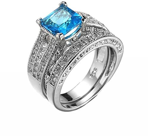 Whoiy Silberring Breit Damen Jahrgang Double Satz Quadratisch Hellblaue Zirkonia Geschenk für Freundin Größe 60 (19.1)
