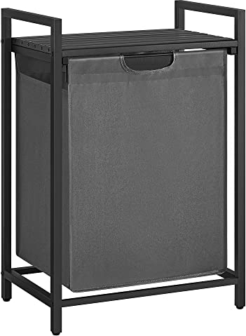 VASAGLE Laundry Basket, Laundry Hamper, Pull-Out and Removable Liner Bag, Shelf, Metal Frame, 65 L, 50 x 33 x 72 cm, Slate Grey and Charcoal Grey BLH101G01