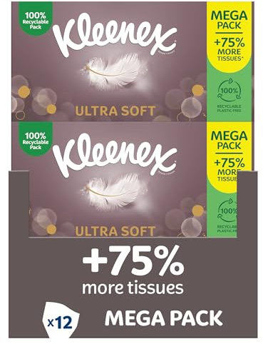 Kleenex® Ultra Soft Tissues Mega Pack - 1,344 Sheets (12 Boxes x 112 Sheets) -– Beautifully Soft and Silky Tissues